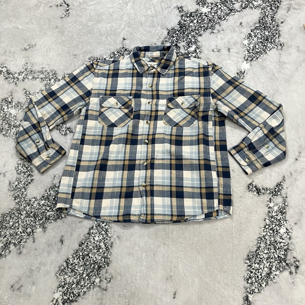 Mollusk Mens Plaid Flannel Shirt Blue Tan White Button Front Long Sleeve Medium